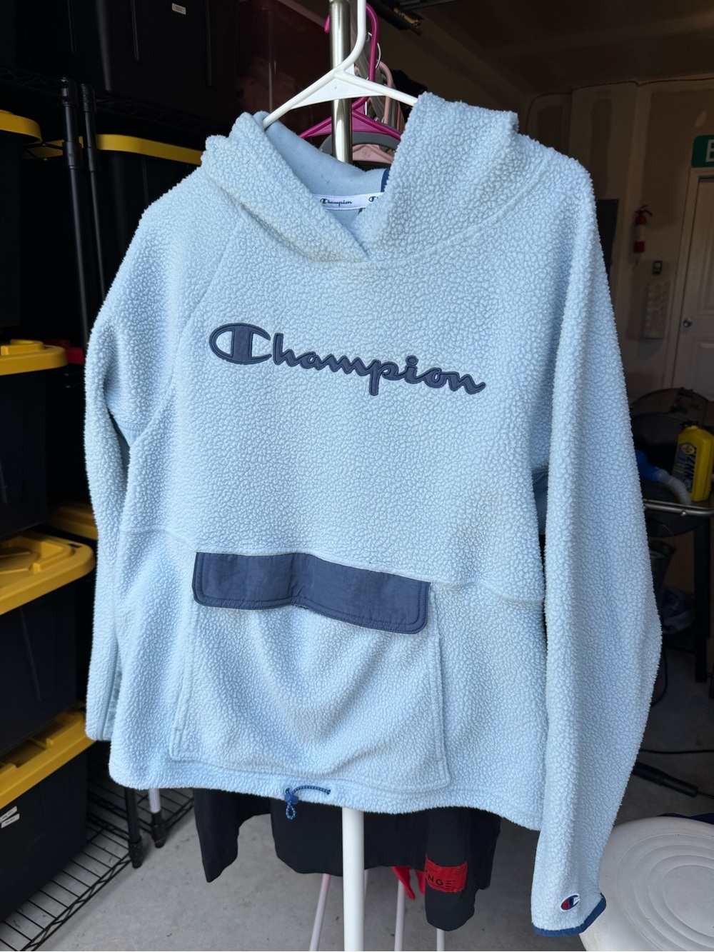 Champion Light Blue Sherpa Hoodie with Navy Logo and kangaroo pocket